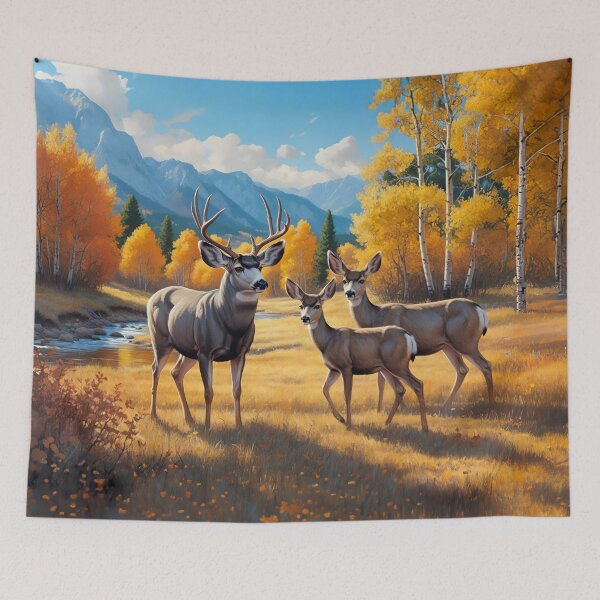 Item preview, Mule Deer Buck Doe and Fawn in Autumn Aspen Woods designed and sold by csforest.