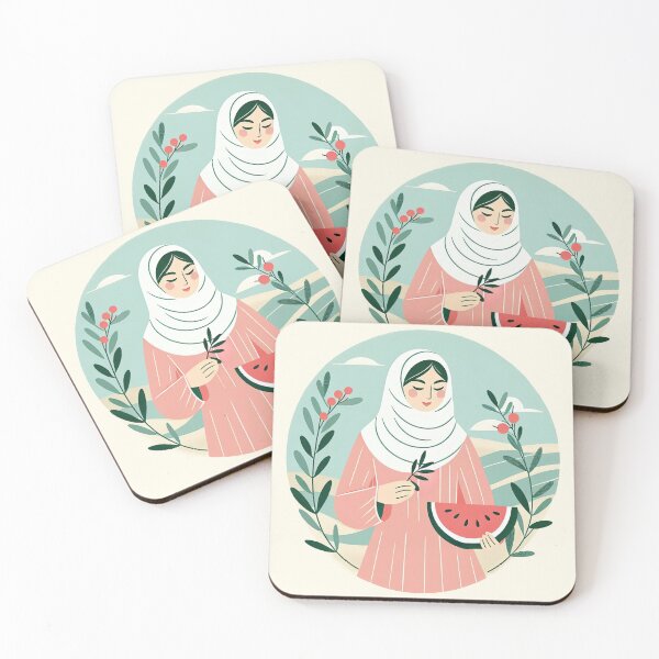 Item preview, hijabi girl holds an olive twigs and a slice of watermelon in summer designed and sold by Slice Of Seed.