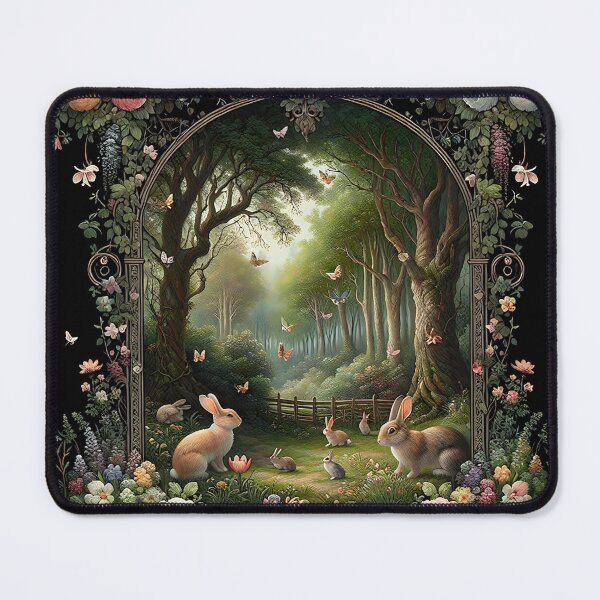 Item preview, Enchanting Cottagecore Bunnies Butterflies Spring Forest Rug design. designed and sold by DrewRomeoCo.