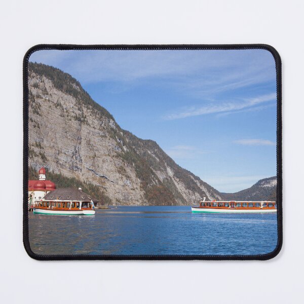 Item preview, Pilgrimage Church of St. Bartholomä with excursion boats at Königssee in autumn designed and sold by Torsten  Krüger.