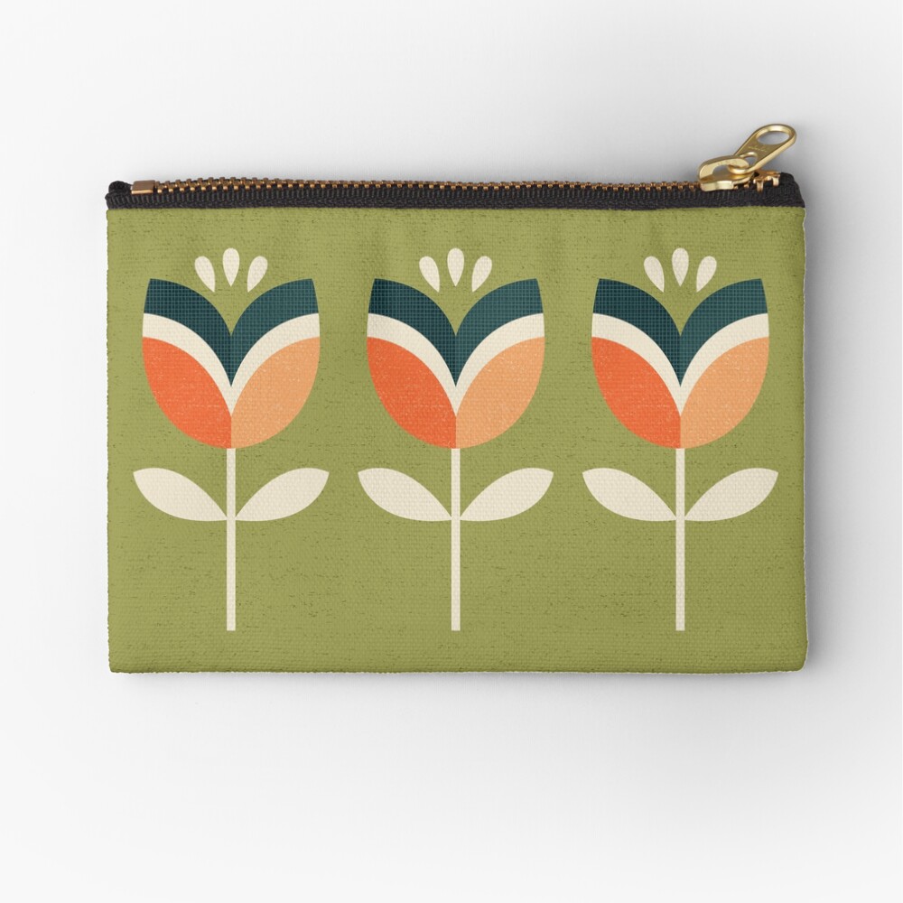 Retro Tulip - Orange and Olive Green Zipper Pouch