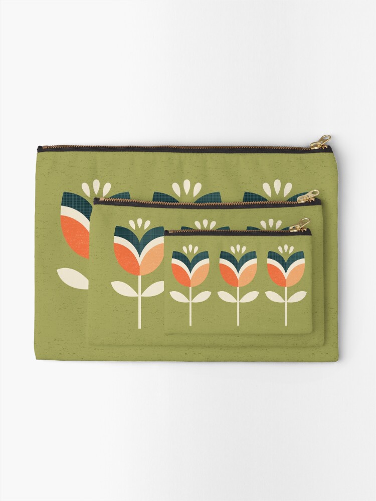 Alternate view of Retro Tulip - Orange and Olive Green Zipper Pouch