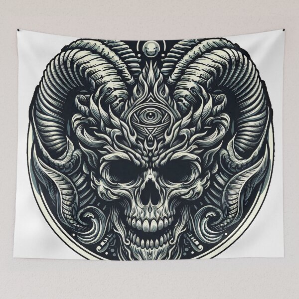 Item preview, Skull with Horns Black White with All Seeing Eye designed and sold by Salimgor Hangaround Music.