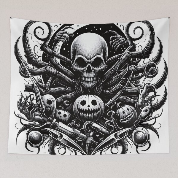 Item preview, Skull with Halloween Pumpkins Black and White designed and sold by Salimgor Hangaround Music.