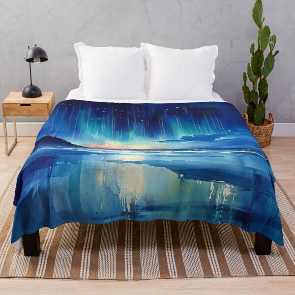 Item preview, Night Beach Watercolor Art - Aurora Borealis Reflection designed and sold by solynneart.