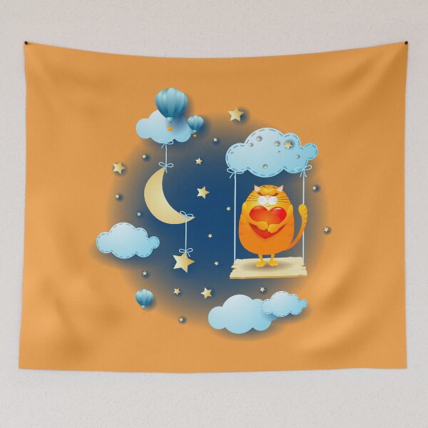 Item preview, Cat in love over the swing, at night designed and sold by LuisaVenturoli.