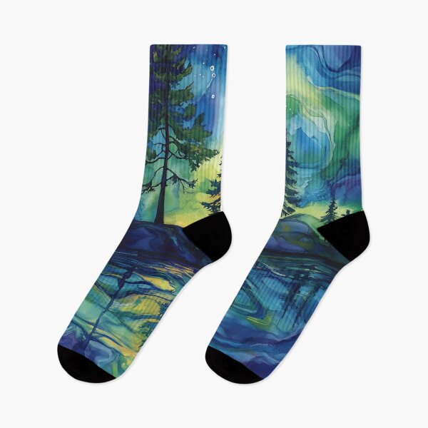 Item preview, Lake Watercolor Art - Northern Lights Reflection designed and sold by solynneart.