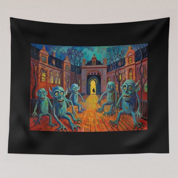 Item preview, a courtyard filled with horrors expressionist art painting designed and sold by Vintage Designs +.