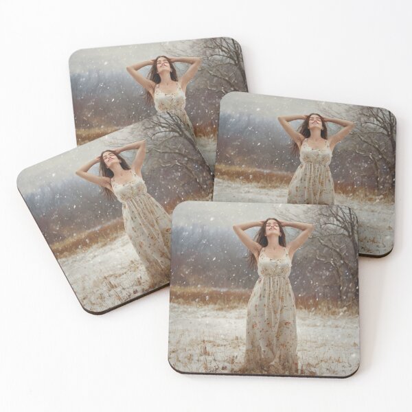 Item preview, Autumnal fall seasonal art of a beautiful woman standing in a snowy field after Bougereau designed and sold by Vintage Designs +.