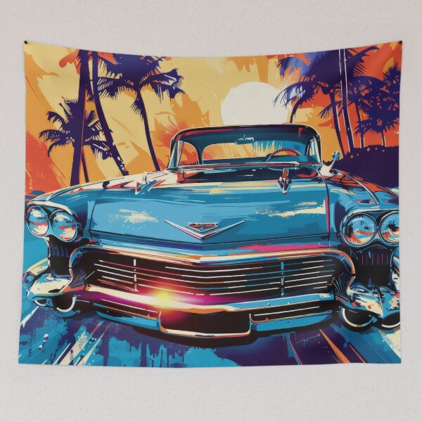 Item preview, Blue Retro Muscle Car at Vaporwave Sunset designed and sold by AdamesArtStudio.