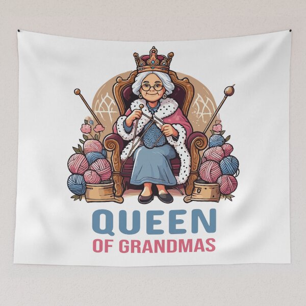 Item preview, "Queen of Grandmas" with Crown and Knitting Illustration designed and sold by ThreadQuirk.