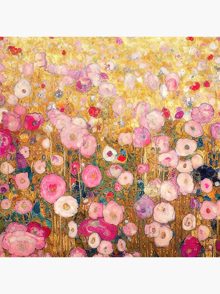Aperçu 3 sur 3. Sticker avec l'œuvre Fleurs roses de Gustav Klimt créée et vendue par maniacfitness.