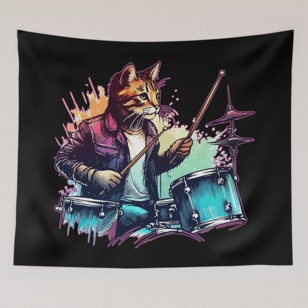Item preview, Cat Drummer Retro Watercolor Splash Art designed and sold by TomFrontierArt.