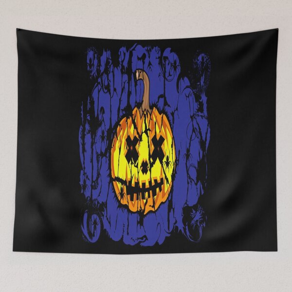Item preview, pumpkin orange color and dark spider on blue background designed and sold by TYTOS-SHOP.
