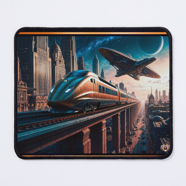Item preview, Retro-Futurism Cityscape With High Speed Train And Hovering Spacecraft Breathtaking AI Concept Art by Xzendor7 designed and sold by Xzendor7 Digital Art Creations.
