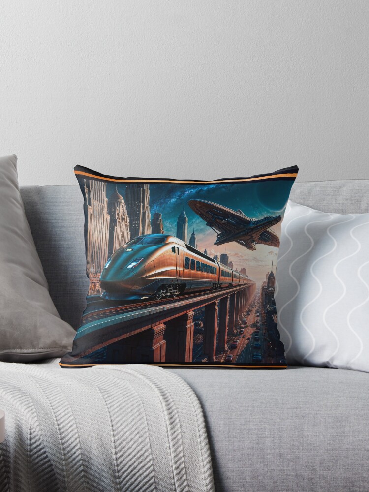 Retro-Futurism Cityscape With High Speed Train And Hovering Spacecraft Breathtaking AI Concept Art by Xzendor7 Decorative Art Print Throw Pillow