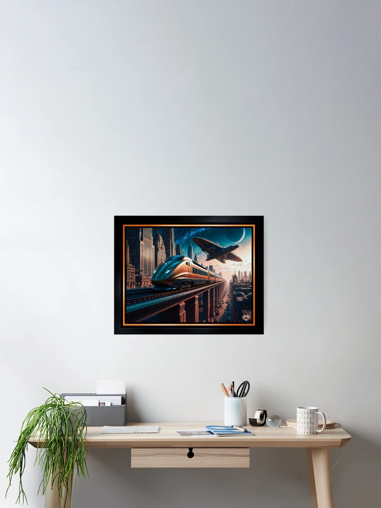 Retro-Futurism Cityscape With High Speed Train And Hovering Spacecraft Breathtaking AI Concept Art by Xzendor7 Wall Decor Poster Art Print