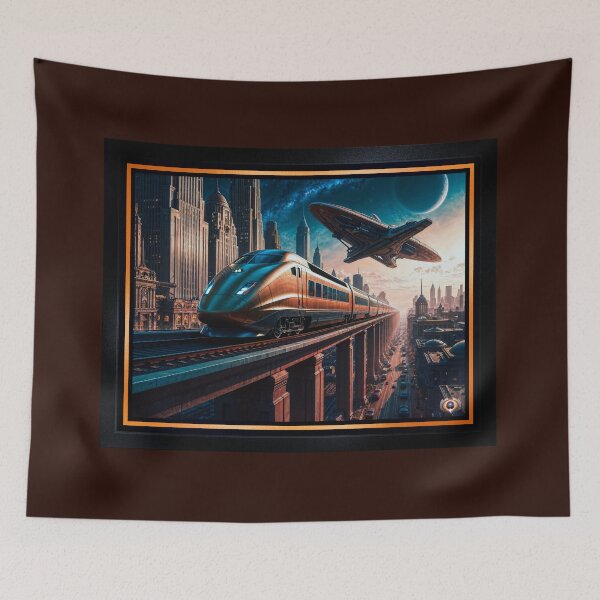 Item preview, Retro-Futurism Cityscape With High Speed Train And Hovering Spacecraft Breathtaking AI Concept Art by Xzendor7 designed and sold by Xzendor7 Digital Art Creations.