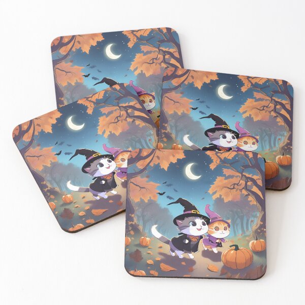 Item preview, Cute halloween cat couple in the forest with pumpkins designed and sold by stefan21244.