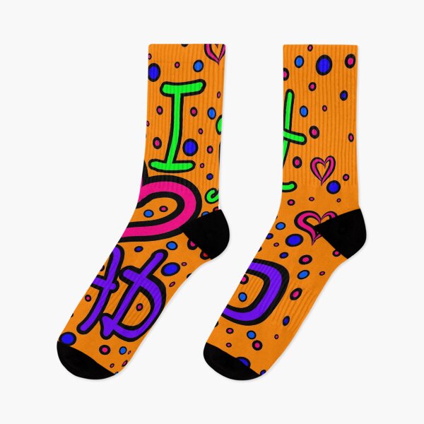 Item preview, The inscription "I just love my ADHD" handwritten on a orange background - hearts, colorful bubbles in a cartoon style - vivid colors: magenta, green, purple,navy blue, red.3 designed and sold by My-fake-places.