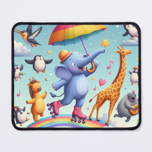 Item preview, A cheerful elephant rollerblading on a rainbow, surrounded by penguins, a lion, a giraffe, and a monkey designed and sold by homydesign.