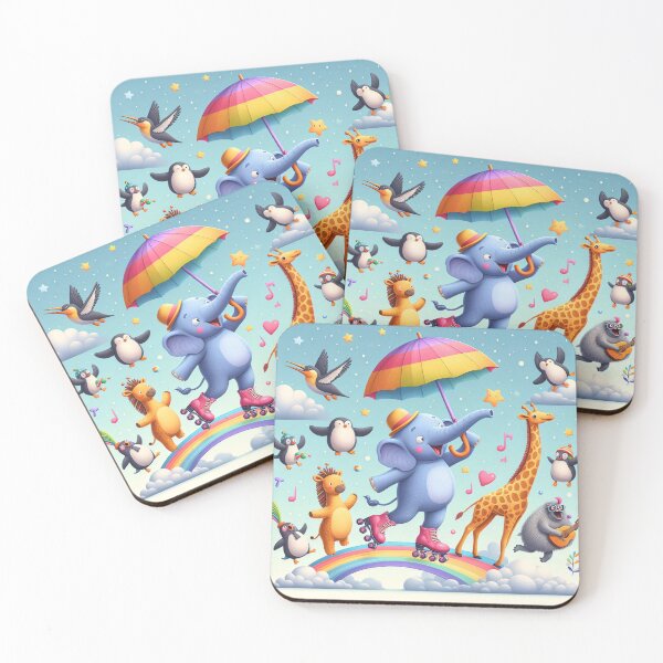 Item preview, A cheerful elephant rollerblading on a rainbow, surrounded by penguins, a lion, a giraffe, and a monkey designed and sold by homydesign.