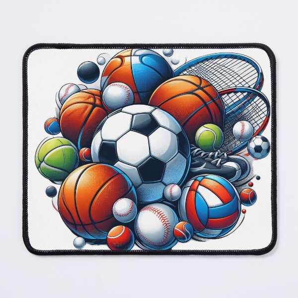 Item preview, A vibrant collage of sports equipment, including balls, rackets, and shoes designed and sold by homydesign.