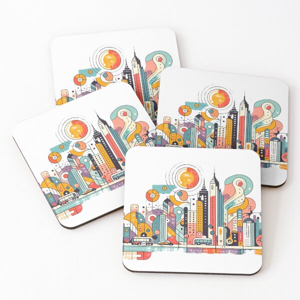 Item preview, A colorful abstract illustration of a bustling cityscape with skyscrapers, vehicles, and a vibrant sunset designed and sold by homydesign.