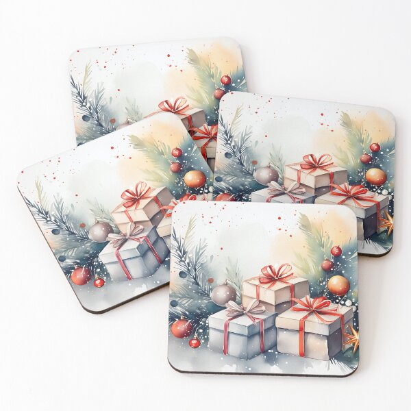 Item preview, Watercolor painting of Christmas presents with red ribbons, nestled in snowy evergreen branches with ornaments designed and sold by homydesign.