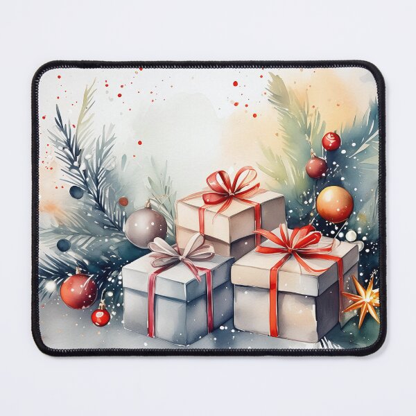 Item preview, Watercolor painting of Christmas presents with red ribbons, nestled in snowy evergreen branches with ornaments designed and sold by homydesign.