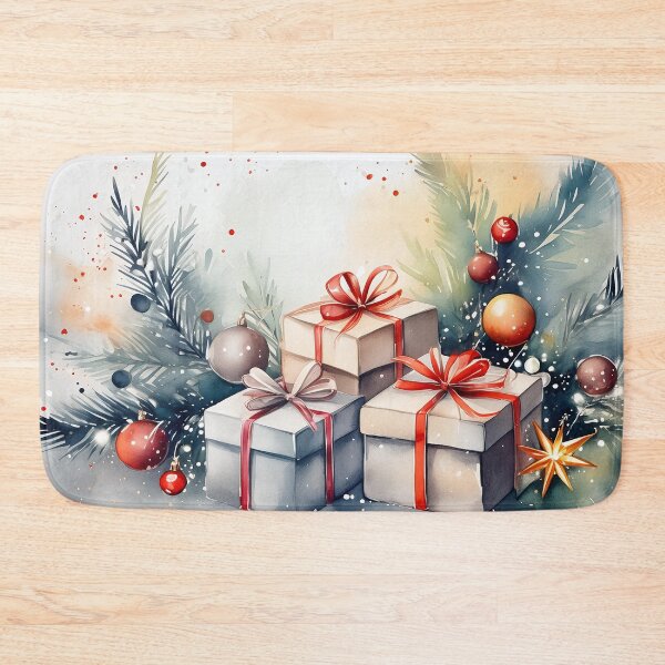 Item preview, Watercolor painting of Christmas presents with red ribbons, nestled in snowy evergreen branches with ornaments designed and sold by homydesign.