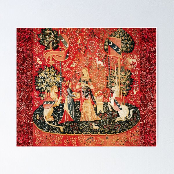 Vista previa del artículo con la obra «DAMA Y UNICORNIO, OLOR, León, Flores de fantasía, Tapiz floral rojo y verde de animales», diseñado y vendido por BulganLumini.