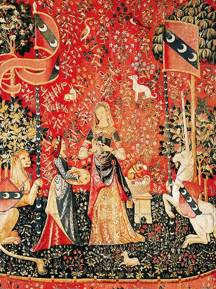LADY AND UNICORN ,SMELL ,Lion,Fantasy Flowers,Animals Red Green Floral by BulganLumini