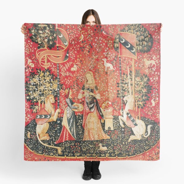LADY AND UNICORN ,SMELL ,Lion,Fantasy Flowers,Animals Red Green Floral Scarf