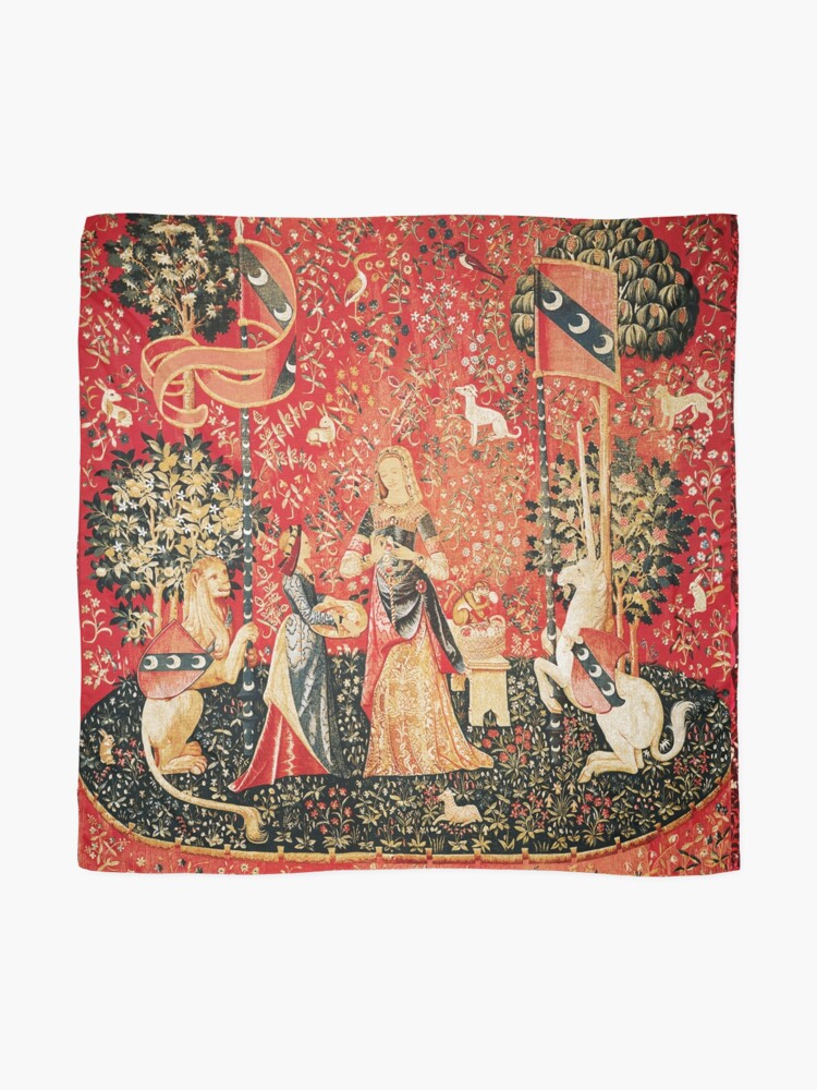 Alternate view of LADY AND UNICORN ,SMELL ,Lion,Fantasy Flowers,Animals Red Green Floral Scarf