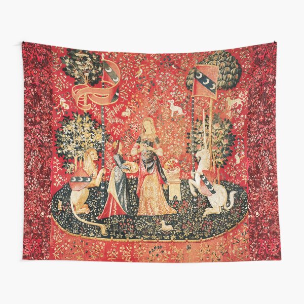 Vista previa del artículo con la obra «DAMA Y UNICORNIO, OLOR, León, Flores de fantasía, Tapiz floral rojo y verde de animales», diseñado y vendido por BulganLumini.