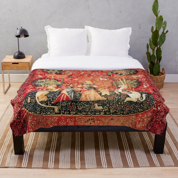 LADY AND UNICORN ,SMELL ,Lion,Fantasy Flowers,Animals Red Green Floral Throw Blanket