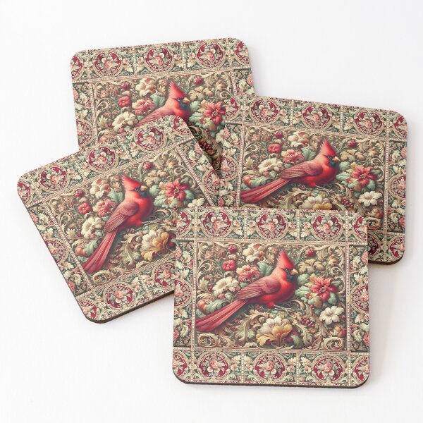 Item preview, Antique Victorian-style rug design, featuring a stunning red cardinal perched amid vibrant medieval florals and berries designed and sold by DrewRomeoCo.
