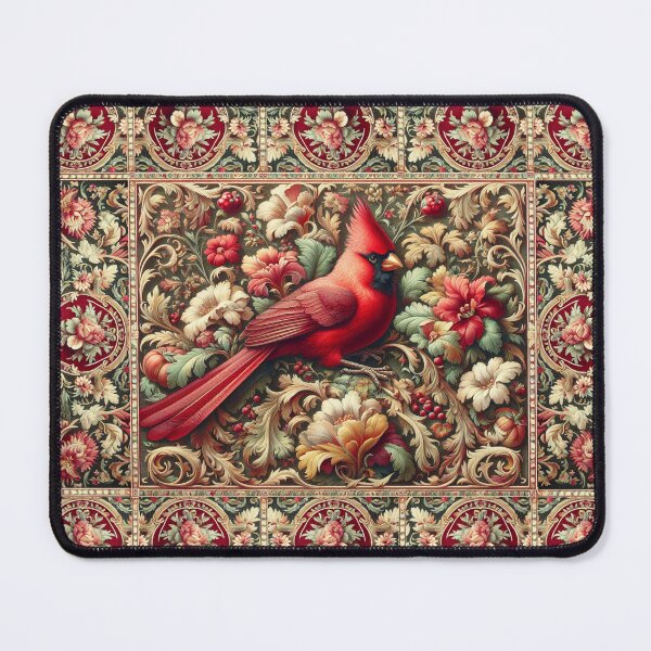 Item preview, Antique Victorian-style rug design, featuring a stunning red cardinal perched amid vibrant medieval florals and berries designed and sold by DrewRomeoCo.