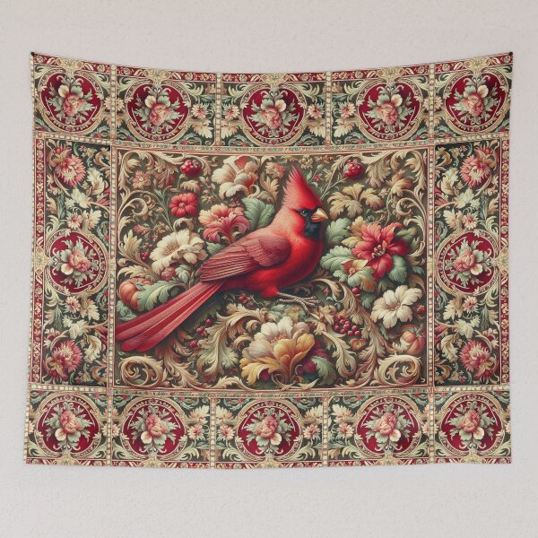 Item preview, Antique Victorian-style rug design, featuring a stunning red cardinal perched amid vibrant medieval florals and berries designed and sold by DrewRomeoCo.