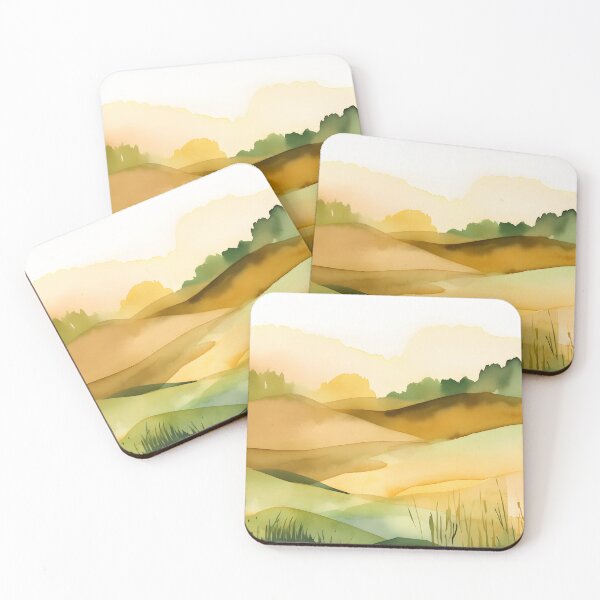 Item preview, yellow and green fields, mountainlandscape watercolor painting, nursury painting art designed and sold by Lightweav.