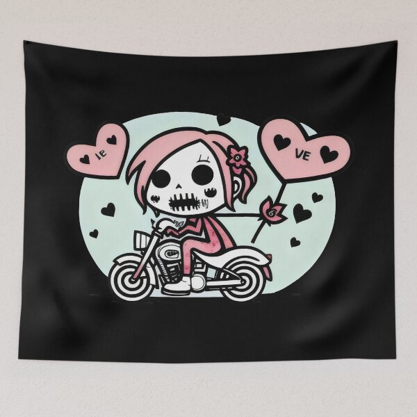 Item preview, Skeleton Girl on Motorcycle with Heart Balloons - Kawaii Love Biker Design designed and sold by Prime-Studio.