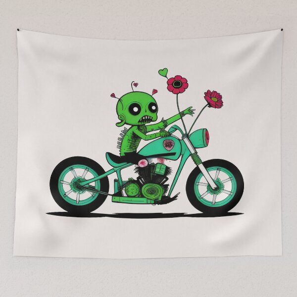 Item preview, Zombie Rider with Flowers - Quirky Green Zombie on Motorcycle Design designed and sold by Prime-Studio.