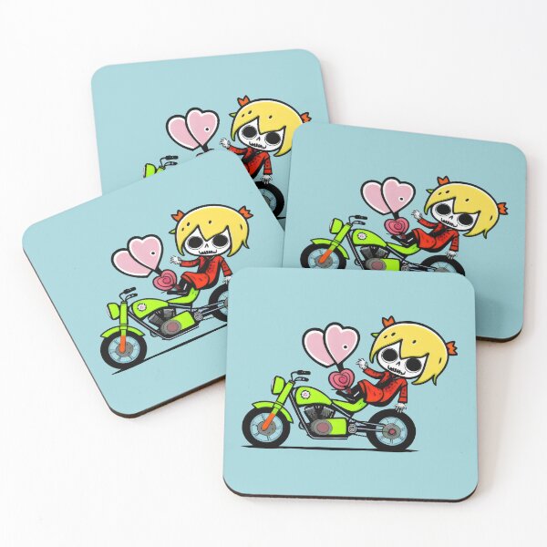 Aperçu de l'œuvre Fille squelette sur une moto verte avec des cœurs – Design de motard mignon et ludique créée et vendue par Prime-Studio.