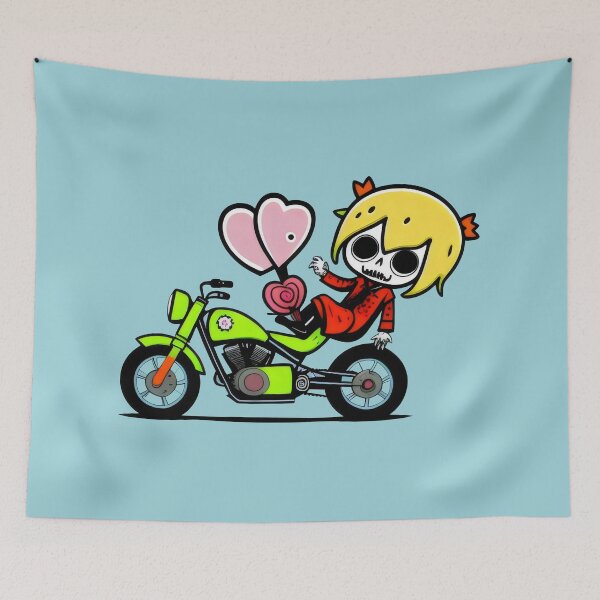 Item preview, Skeleton Girl on Green Motorcycle with Hearts - Cute and Playful Biker Design designed and sold by Prime-Studio.