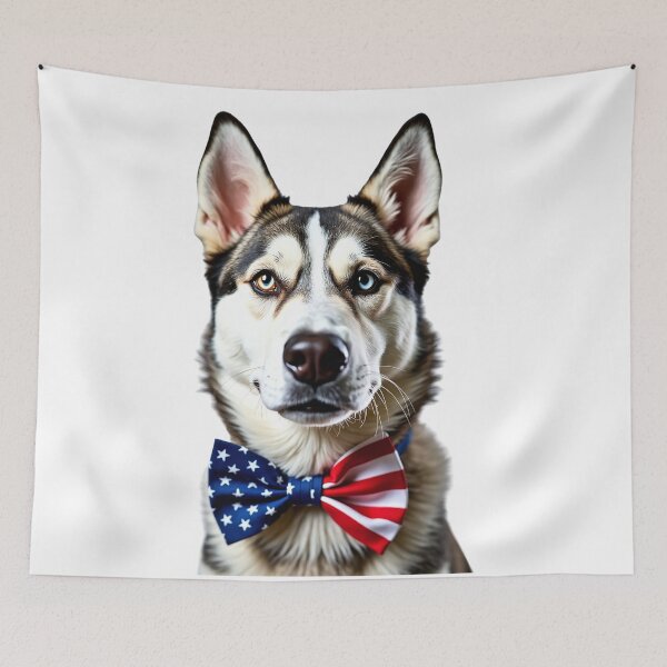Item preview, Funny cool Siberian Husky dog wearing a USA flag bow tie designed and sold by LazyOwlStore.