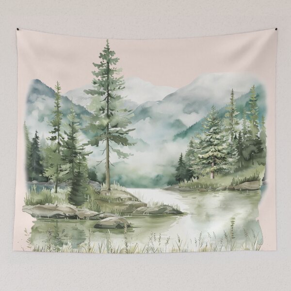 Item preview, Watercolor Pine Forest Lake mountain Aesthetic Graphic designed and sold by Nature Hues.