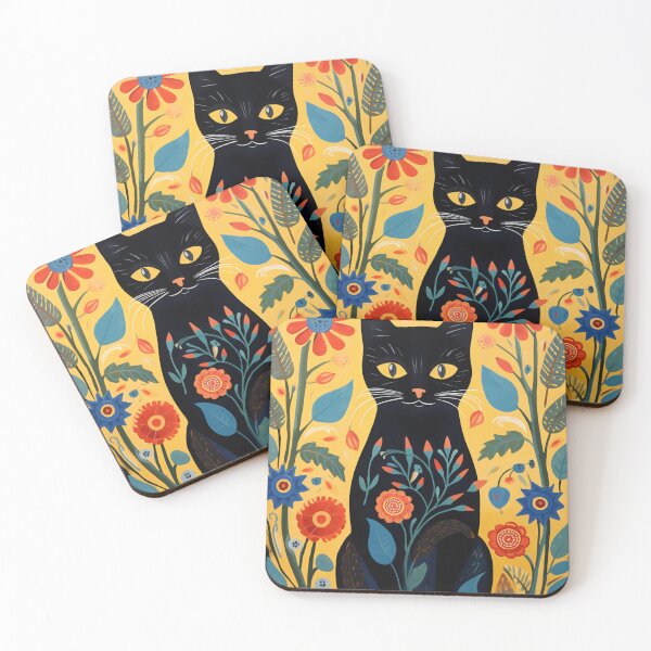 Item preview, Black Cat & Flowers Folk Art Graphic designed and sold by GrinGalore.