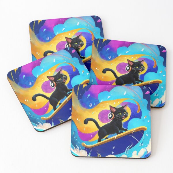 Item preview, Surfing Black Cat with Headphones - Psychedelic Surfing Cat Design designed and sold by Cherry-Cat.