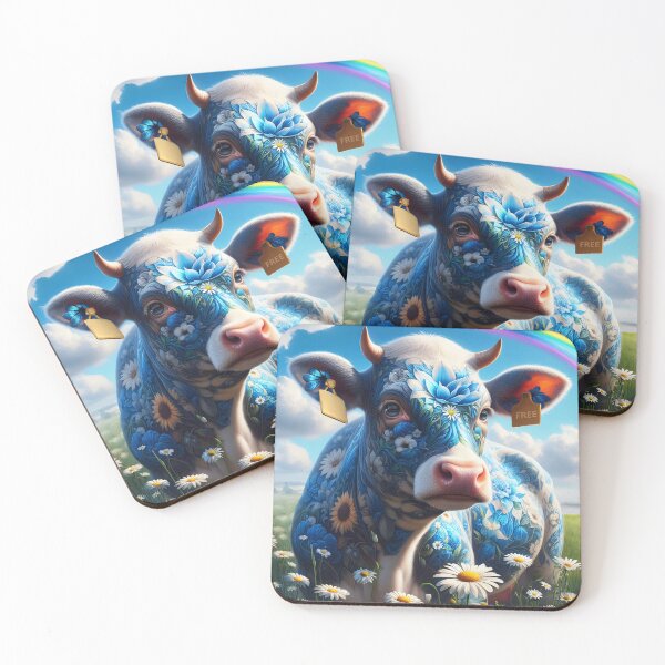 Item preview, Free floral blue tattoed cow lying on daisy meadow under a rainbow and with a FREE sign tag in the ear designed and sold by EmeraldeaArt.